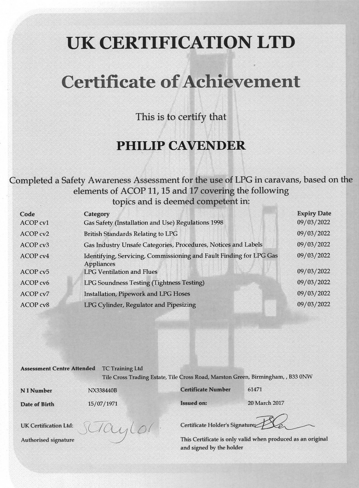 acops certificate Caravan Service & Repair